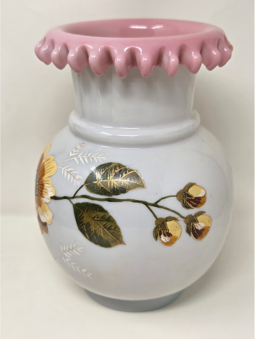 Pink Ruffled Rim Milk Glass Vase Hand Painted Floral Design 10 Inch Decor - Picture 3 of 8